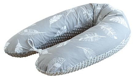 LOOLAY Schwangerschaftskissen - Stillkissen 190 cm - Seitenschläferkissen 100% Baumwolle - mit Abnehmbarem Minky Bezug - Ergonomisches Schwanger Kissen für Schlafen (Feder Grau/Minky Grau)