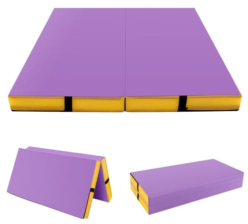 COSTWAY 4FT Folding Gymnastics Mat, 10cm Thick Foam Tumbling Mats with Carry Handles, Home Practice Exercise Floor Mat (Purple, 120 x 120 x 10 cm)