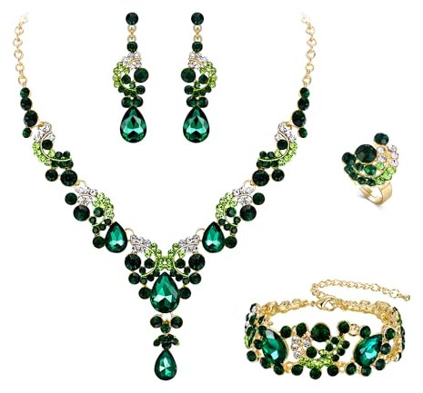 EVER FAITH 4 Stück Schmucksets für Damen Party Hochzeit Braut Strass Kristall floralen Welle Teardrop Halskette baumeln Ohrringe Armband Ring Set Grün Gold-Tone