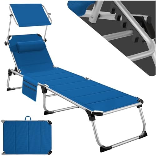 TecTake® Tumbona Jardín Exterior de Aluminio, Tumbona Plegable con Reposacabezas, Parasol y Bolsillo Lateral, Tumbona Playa Reclinable en 6 Posiciones, Tumbona Piscina Resistente a Intemperie - Azul