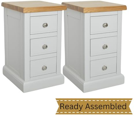 GROFurniture Bedside Pair set of 2-3 Drawers Bedside Cabinet, Real Wood Slim Bedside Cabinet, Narrow Bedside Table, 2pcs for Bedroom, Side Table or Sofa End Table (Grey Pair)