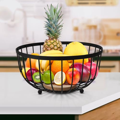 APOMOONS 25cm Round Fruit Bowl - Modern Display Bowl for Kitchen, Black Wire Metal and Wooden Base - Storage for Fruits, Vegetables, Snacks and More