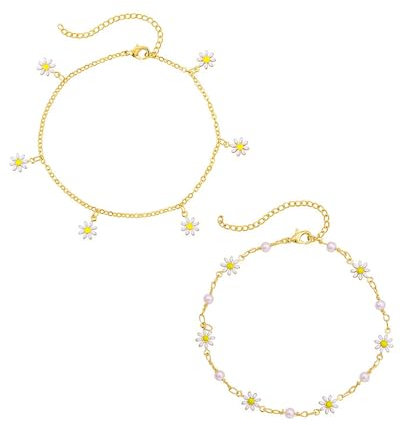 Zeayebsr Bracelet de Cheville pour Femmes Plaqué Or Bracelet de Cheville Marguerite Dainty Lune Étoile Œil Maléfique Bijoux de Pied Ajustable pour Plage Bohème Cadeau pour Enfant Ado Fille
