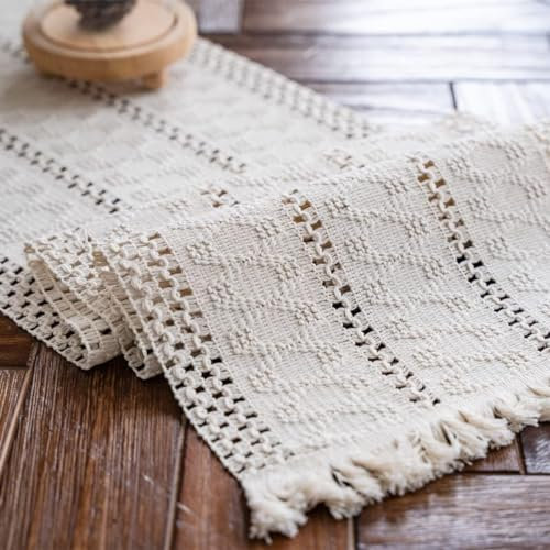 Weldomcor Beige Makramee Tischläufer Boho Baumwollflachs Tischläufer mit Quasten, Rechteckige Häkelspitze Mesh Tischdecke für Küche Vintage Bauernhaus böhmische Hochzeit Tabletop Dekor, 30x90cm