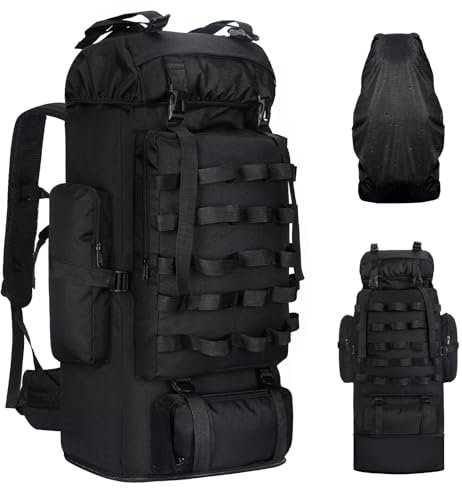 LibSkyln 70L/100L Wanderrucksack, Großer Camping-Rucksack mit Regenschutz, Waterptoof Militär Taktischer Rucksack, Schwarz, Groß, Reise, Schwarz, L