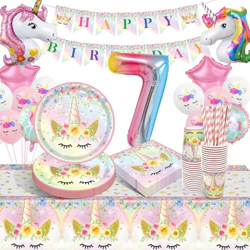 LAISLLA Vaisselle Licorne pour Anniversaire 7 Ans - Décoration Fille avec Assiettes, Ballons et Accessoires pour 16 Invités - Fête Enfants Garçon