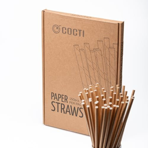 Cocti Paper Straws - Durable, Tasteless Drinking Straws for Parties, Events & Everyday Use - Biodegradable Alternative to Plastic - Sturdy Design That Won't Go Soggy – 200mm x 6mm, Brown 150pcs.