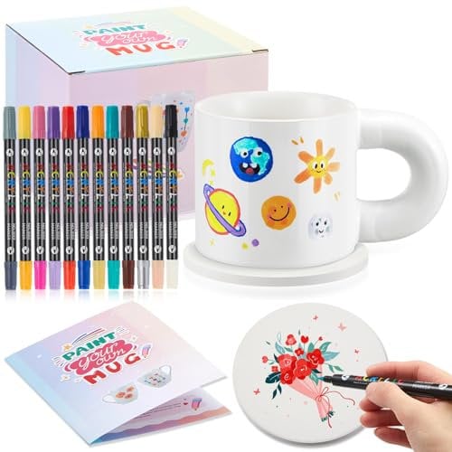 Sinmoe Set Taza para Pintar Kit Pintura Decorar Cerámica DIY con Taza Cerámica Blanco Posavasos y 12 Rotuladores Colores Regalo Bricolaje para Maestro Graduación Día Madre y del Padre(Moda)