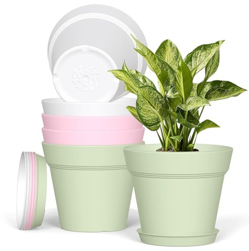 Plastic Plant Pots Indoor Outdoor, 6 Pack 6Inch/15CM Large Plant Pots Flower Pot with Drainage Holes and Tray,Modern Decorative Planter Pot for All House Plants(Colorful)