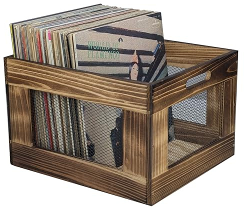 ARTAWEIN Vinyl Record Storage Crate Classic Cube Organizer with Handle, Solid Wood Holder for 80 Records, Albums, Magazines in Rustic Brown Metal & Wood Vinyl Record Storage Crate