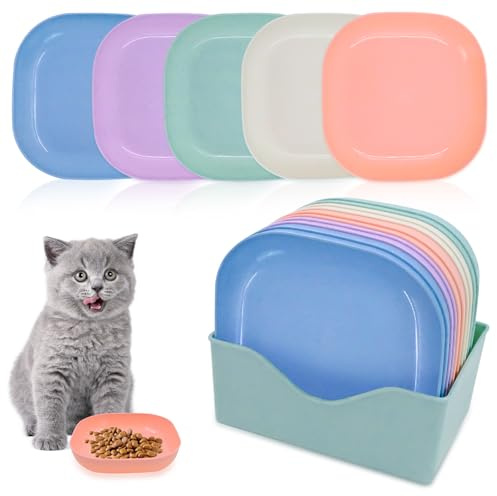 Katzennapf flach 10er-Set für Kätzchen und kleine Hunde, mit rutschfestem Boden und Aufbewahrungsbasis, Bunte Katzenteller für Trocken- und Nassfutter