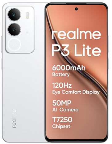 realme P3 Lite Smartphone 8+ 256GB, Bianco Nuvoloso, schermo da 6,67 pollici, display 120Hz, batteria 6000mAh, fotocamera AI da 50MP, potente chipset a otto core, protezione ArmorShell