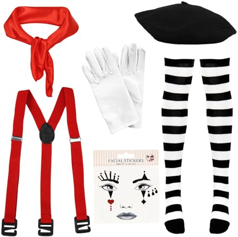 HUKUMA Pantomime Kostüm Damen Herren, Karneval Pantomime Accessoires, Baskenmütze,Schwarz-weiß Gestreifte Strümpfe, Hosenträger, Tuch, Handschuhe, Gesichtstattoos, für Karneval Fasching Mottoparty