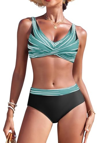 Svanco Costume Donna Due Pezzi Bikini Vita Alta, V-Apertura con Croce e Design Color Block, Costumi Bagno Curvy per Mare e Piscina