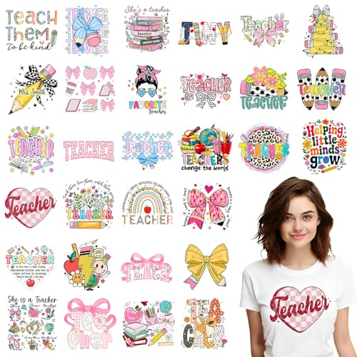 SYOUACEND Teacher Iron On Transfers, 30 Sheets Cute School Apple Pencil DTF Transfers Ready to Press, Favorite Teacher Strong Victorious Beautiful, Thank You Gift for Educators, DIY Shirt & Craft