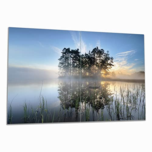 Wallario Herdabdeckplatte/Spritzschutz aus Glas, 2-teilig, 80x52cm, für Ceran- und Induktionsherde, Stiller See mit Insel im Morgennebel