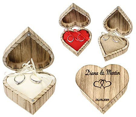 RINGBOX aus HOLZ Herz Vintage Ringkissen mit GRAVUR Rustikale Hochzeit Ringschachtel für Eheringe Ringkästchen Ringschatulle Personalisiert
