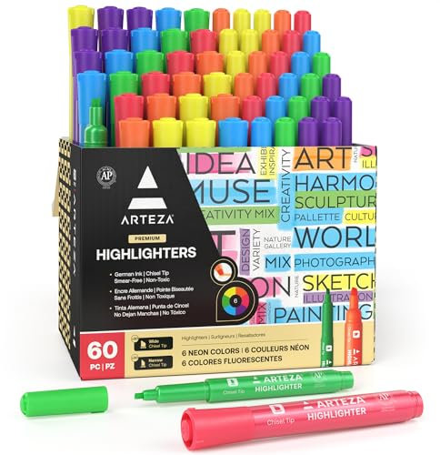 ARTEZA Textmarker, Leuchtstifte 60-er Großpackung, Textliner in 6 bunten Neonfarben, 30 schmale & 30 breite Keilspitzen, hergestellt mit ungiftiger Tinte, zum Markieren im Haushalt, Schule, Büro