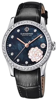 Candino Swiss Damenuhr Analog aus Leder Schwarz | Quarzwerk, Robustes Saphirglas, Wasserdicht 5 ATM und Kalender C4721/4, Lady