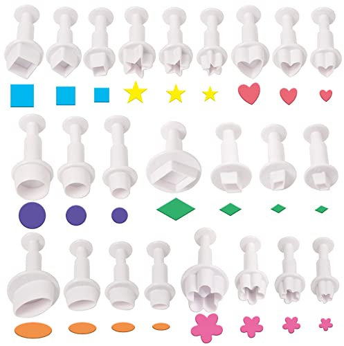 wexpw 24 Stück Ausstechformen, Fondant-Kuchen-Keks-Ausstechformen, Mini-Kunststoff-Kekskolben, Fondant-Dekoration, Herz/Quadrat/Oval/Rund/Stern/Diamant/Blume