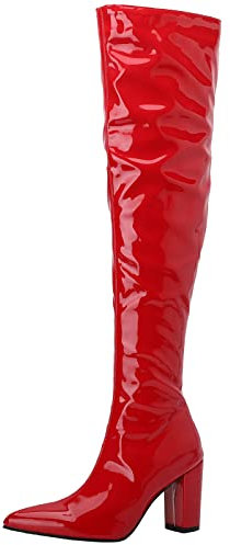 MJIASIAWA Damen Overknees Lack Elegant Party Kleid Pointed Toe Boots Abend Warm Reißverschluss Riding Mode Hochzeit Boots Rot Gr 44 EU/46 Asiatisch