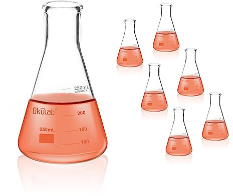 Glass Erlenmeyer Flasks, 6pcs of Vol.250ml, Borosilicate 3.3 Glass Material with Printed Graduation.EFNG250A6