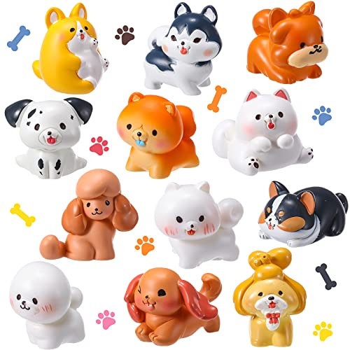 12 Pieces Mini Cute Dog Figurines Toy Set Resin Puppy Figures Cake Cupcake Toppers Decorations Miniature Landscape DIY Terrarium Crafts Ornament for Home Garden Birthday Party Plant Pots Decor
