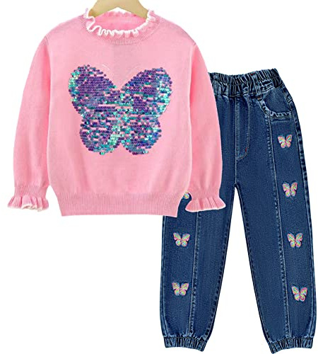 Peacolate Ensembles Fille, vêtements pour Filles 2 pièces Pull thermique à manches longues et jeans et pantalons brodés automne hiver