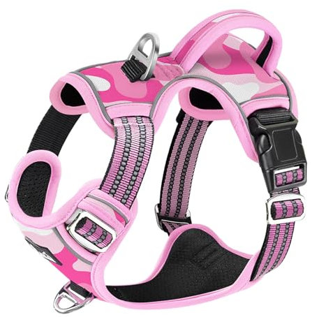 Eyein Hundegeschirr für Große Hunde, Anti Zug Brustgeschirr mit 2 Leinenclips und leicht zu bedienendem Griff, Verstellbare und reflektierende Gepolstert Geschirr für tägliches Training (Tarnrosa, XL)
