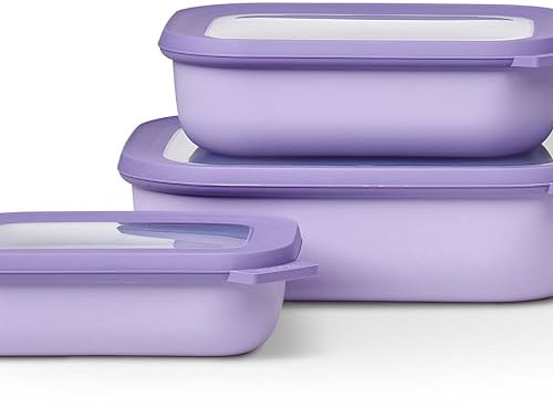 Mepal - Cirqula Multischüssel Set 3–teilig rechteckig Nordic lilac – 500, 1000, 2000 ml – Verwendbar als Vorratdose, Kühlschrankdose, Gefrierdose, Mikrowellegeschirr & Servierschale mit Deckel