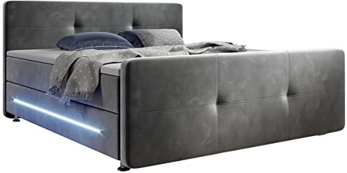 Supply24 since 2004 Designer Boxspring Bett Havanna mit Stoffbezug Ziernähte LED Beleuchtung Federkern Matratze inklusive Topper Luxus Polsterbett Stoffbett Boxspringbett (180 x 200 cm, Grau)