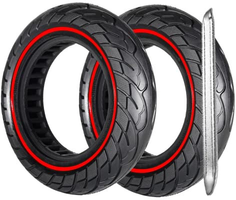 G.V.SHOP® 2 Vollgummiräder 10 x 2,5 Zoll 36 mm Reifen für Elektroroller, Xiaomi, Ducati, Lexgo, Vivobike S2, rutschfest, Vollgummi (Rot 2pcs+Hebel)