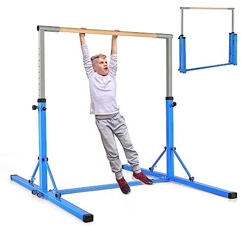 GOPLUS Barre de Gymnastique Cadre en Acier Pliable Robuste, Hauteur à 13 Niveaux Réglables 90-150CM, Barre de Gym Enfant 3+ Ans, Équipement d’Entraînement Charge 100KG, Idéal pour Gym, Maison