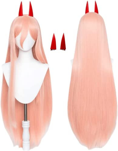 Anime Chainsaw Man Cosplay Wigs for Power Wig with 2 Hair Accessories Women Pink Long Straight Hair Wigs for Halloween Party Costume Carnival+Wig Cap