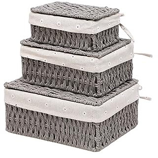 Aufbewahrungskörbe mit Deckel, 3er-Set, verschachtelbare geflochtene Weidenkörbe, dekorative Deckelkörbe für Regale, Schlafzimmer, Badezimmer, Schrank, Geschenkset, Grau