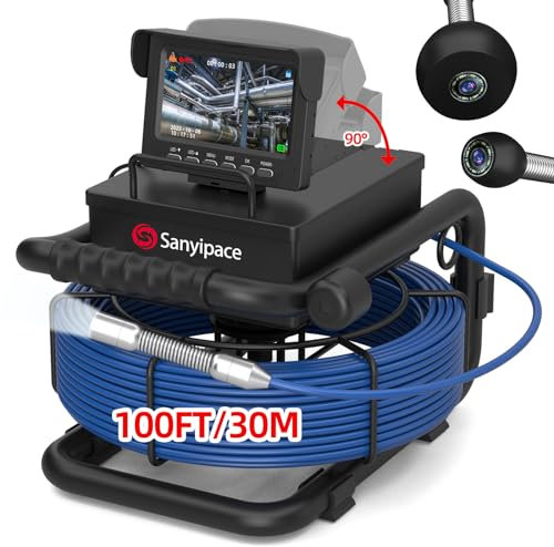 Sanyipace Sewer Camera 30m, 17mm Pipe Inspection Camera with Adjustable Light, DVR & Audio Recorder, 5600mAh Battery, 1000TVL Drain Borescope Plumbing, Included 16GB Card