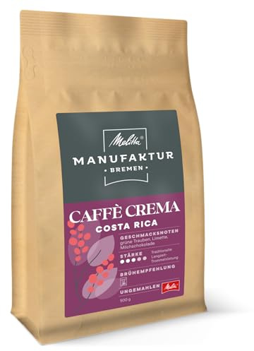 Melitta Manufaktur-Kaffee Caffè Crema Spezialitäten, 500g, Bohnen, Ungemahlen, Single-Origin-Farm aus Costa Rica, Geröstet in Deutschland, Stärke 3