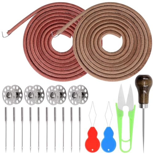 Tanstic Nähwerkzeug-Set, 72 x 3/16 Zoll Leder Nähmaschinen-Trittriemen mit Haken, Nähbobbins, Nadeln & Nadelthreader, Ahle, Schere, Kompatibel mit Singer/Jones Nähmaschine