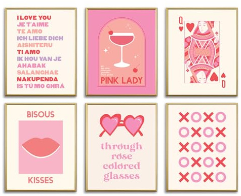 AUNMER Valentinstag-Wandkunstdrucke Rosa Preppy Cocktail-Poster Süßes I Love You Romantisches Kunstgemälde für Valentinstag Hochzeitsgeschenk Galerie Schlafzimmer Wohnzimmer Veranda Heimdekoration