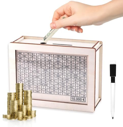 Sparbox mit Zahlen Ankreuzen, Retro Spardose Holz, Wiederverwendbare Spar Box mit Sparziel, Holz Geldbank für Erwachsene und Kinder mit Sparziel(10000€)