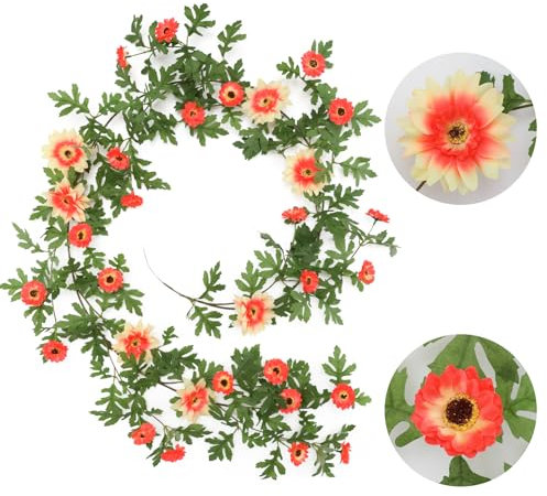 JUSTOYOU Künstliche Blumen Orange Girlanden,5.8 FT Lange Faux Blume Girlanden mit 2 verschiedenen Blumenköpfen und Farben. Dahlia Künstliche Girlande Hängende Rebe für Hochzeit, Dekoration, Garten