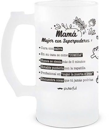 Puterful - Jarra para Cerveza - Jarra Cerveza 500ml - Mamá, mujer con superpoderes - Regalo día de la madre