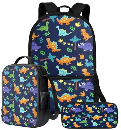 chaqlin Juego de 3 mochilas escolares para niños con lonchera y estuche para lápices, bolsas de almuerzo para niños, bolsas enfriadoras para bolígrafos, Bonito estampado de dinosaurio, Mochila para