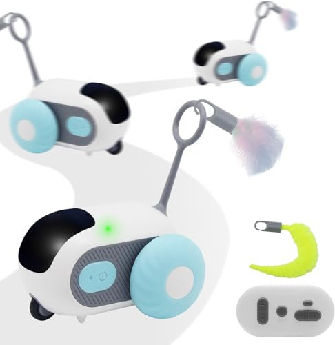 KUIRUNRX® Jouet Chat Interactif, Jouet Interactif pour Chat avec Télécommande, 2 Modes Jouet Rechargeable USB avec Télécommande Rotation Automatique et Plume Rechange pour Animal Domestique(Bleu)