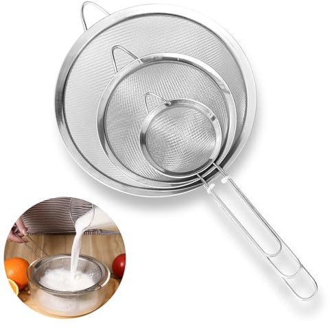 Juego de 3 coladores de malla fina con mango, Colador de Malla Fina con Manija, colador de cocina de acero inoxidable, diámetro 7/12/18 cm, apto para tamizar alimentos, pasta, verduras