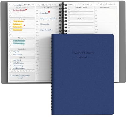 JAYSOO® Tagesplaner,undatierter Terminplaner mit 24 Stunden Zeitplan, To do list usw., 132 Seiten/66 Blatt 155x215mm Soft Cover Coil Tagesplanung für Arbeit, Lernen und Familienplan - Blau