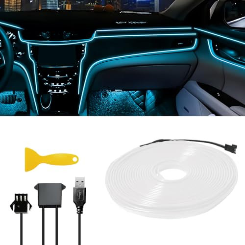 Striscia Luminosa a LED per Interni Auto con Filo EL Luci per Cruscotto Auto Striscia Luminosa Decorativa a LED per Auto Luce Atmosferica Auto Neon 5V USB (5M/16.5FT, Blu Ghiaccio)