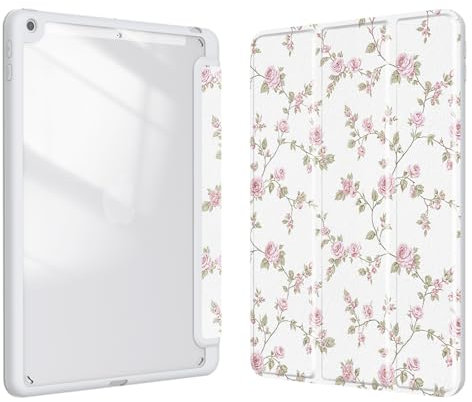 Xkladz Case for iPad 9th / 8th / 7th Generation (2021/2020/2019) 10.2 inch, Case with Pencil Holder, Stand Clear Back Cover Cute Cool Design for Women Girls, Auto Sleep/Wake, Pink Flower