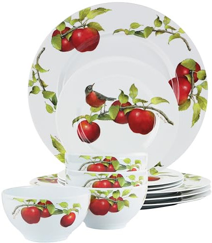 Reston Lloyd, 12pc Melamine Dinnerware Set, Lightweight Plastic Dinner Plate, Salad, Bowl Set, Service for 4, Harvest Apple