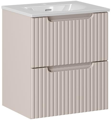 Lomadox Badezimmer Waschtisch 50cm mit Keramikwaschbecken, Kaschmir, gerillte Front